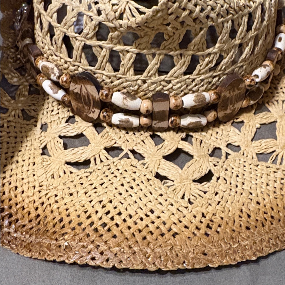 Straw Crochet Cowboy Hat with Bead Band - Natural - Picture 5 of 7